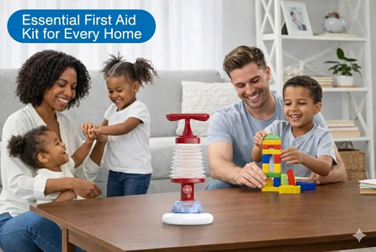 Parent demonstrating anti-choking device use on a child at home